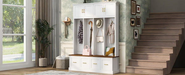 English Elm U-Can Farmhouse Hall Tree with Upper Cabinets Coat Hooks Drawers and Bench Seat Ancient White SJ000164AAK