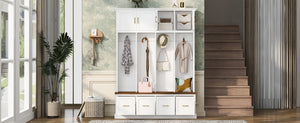 English Elm U-Can Farmhouse Hall Tree with Upper Cabinets Coat Hooks Drawers and Bench Seat Ancient White SJ000164AAK