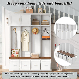 English Elm U-Can Farmhouse Hall Tree with Upper Cabinets Coat Hooks Drawers and Bench Seat Ancient White SJ000164AAK