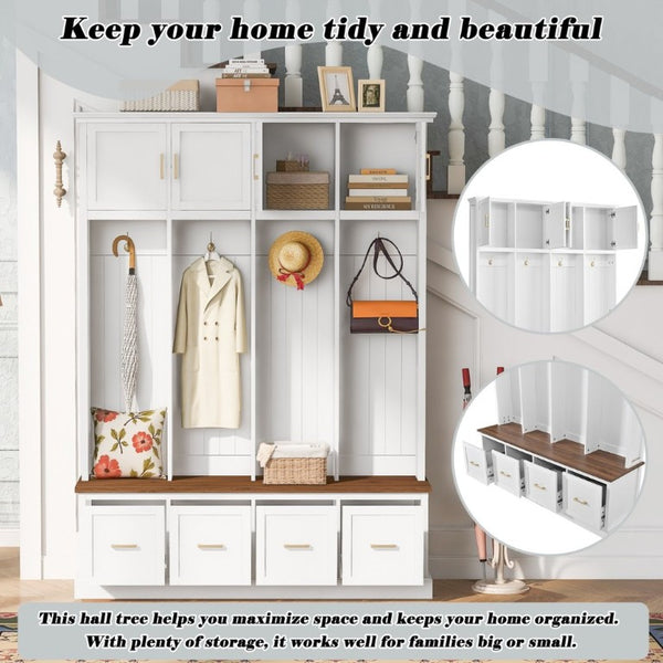 English Elm U-Can Farmhouse Hall Tree with Upper Cabinets Coat Hooks Drawers and Bench Seat Ancient White SJ000164AAK