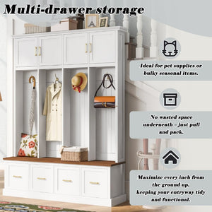 English Elm U-Can Farmhouse Hall Tree with Upper Cabinets Coat Hooks Drawers and Bench Seat Ancient White SJ000164AAK
