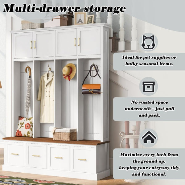 English Elm U-Can Farmhouse Hall Tree with Upper Cabinets Coat Hooks Drawers and Bench Seat Ancient White SJ000164AAK