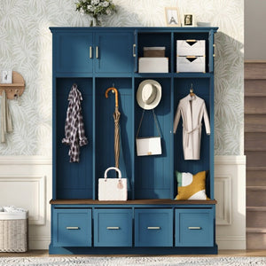 English Elm U-Can Farmhouse Hall Tree with Upper Cabinets Coat Hooks Drawers and Bench Seat Navy Blue SJ000164AAN