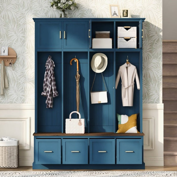 English Elm U-Can Farmhouse Hall Tree with Upper Cabinets Coat Hooks Drawers and Bench Seat Navy Blue SJ000164AAN