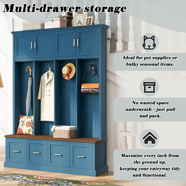 English Elm U-Can Farmhouse Hall Tree with Upper Cabinets Coat Hooks Drawers and Bench Seat Navy Blue SJ000164AAN