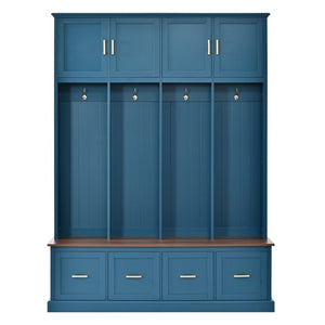 English Elm U-Can Farmhouse Hall Tree with Upper Cabinets Coat Hooks Drawers and Bench Seat Navy Blue SJ000164AAN