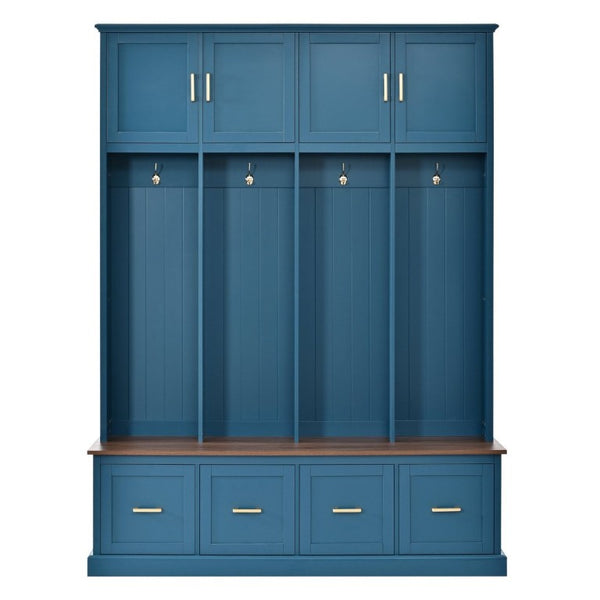 English Elm U-Can Farmhouse Hall Tree with Upper Cabinets Coat Hooks Drawers and Bench Seat Navy Blue SJ000164AAN