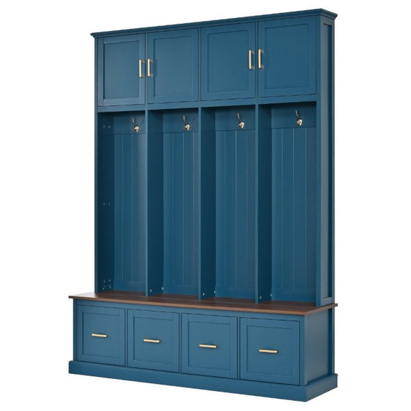 English Elm U-Can Farmhouse Hall Tree with Upper Cabinets Coat Hooks Drawers and Bench Seat Navy Blue SJ000164AAN