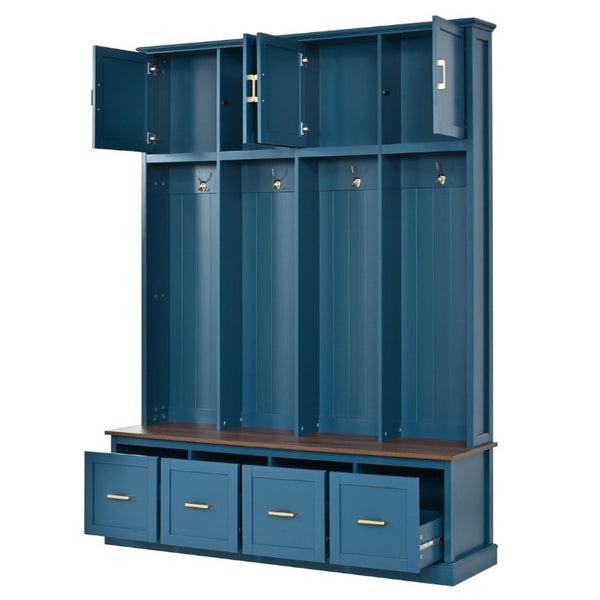 English Elm U-Can Farmhouse Hall Tree with Upper Cabinets Coat Hooks Drawers and Bench Seat Navy Blue SJ000164AAN