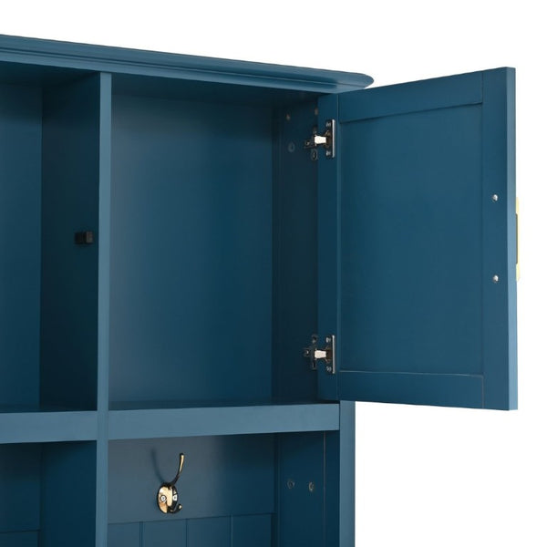 English Elm U-Can Farmhouse Hall Tree with Upper Cabinets Coat Hooks Drawers and Bench Seat Navy Blue SJ000164AAN