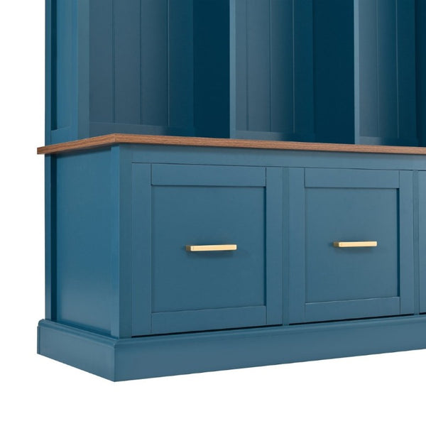 English Elm U-Can Farmhouse Hall Tree with Upper Cabinets Coat Hooks Drawers and Bench Seat Navy Blue SJ000164AAN