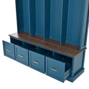 English Elm U-Can Farmhouse Hall Tree with Upper Cabinets Coat Hooks Drawers and Bench Seat Navy Blue SJ000164AAN