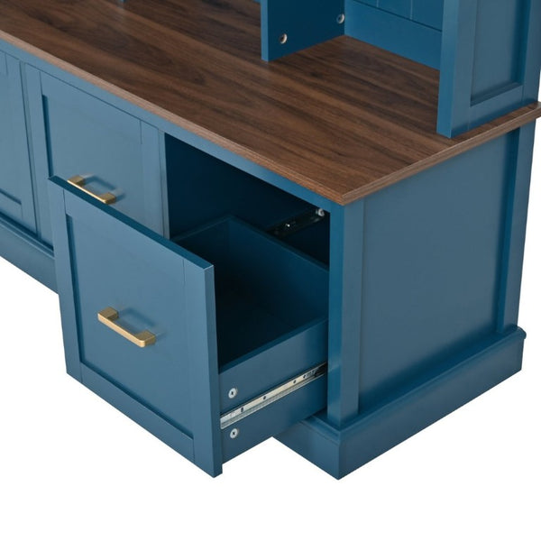 English Elm U-Can Farmhouse Hall Tree with Upper Cabinets Coat Hooks Drawers and Bench Seat Navy Blue SJ000164AAN