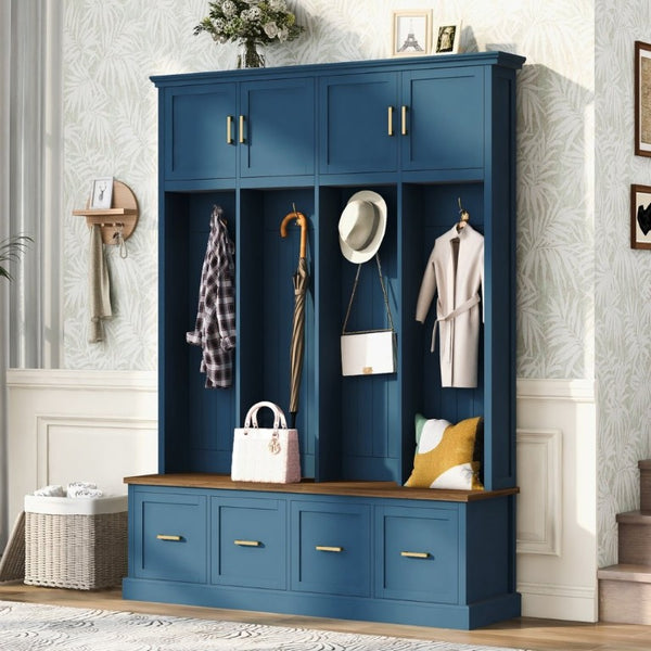 English Elm U-Can Farmhouse Hall Tree with Upper Cabinets Coat Hooks Drawers and Bench Seat Navy Blue SJ000164AAN