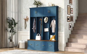 English Elm U-Can Farmhouse Hall Tree with Upper Cabinets Coat Hooks Drawers and Bench Seat Navy Blue SJ000164AAN