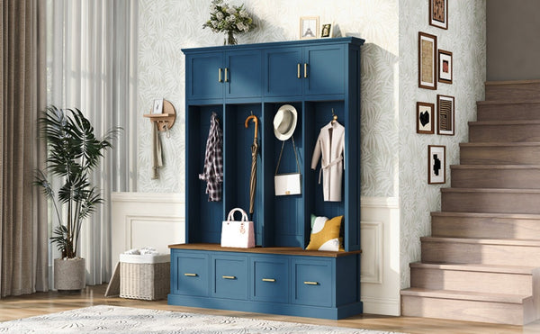 English Elm U-Can Farmhouse Hall Tree with Upper Cabinets Coat Hooks Drawers and Bench Seat Navy Blue SJ000164AAN