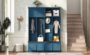 English Elm U-Can Farmhouse Hall Tree with Upper Cabinets Coat Hooks Drawers and Bench Seat Navy Blue SJ000164AAN