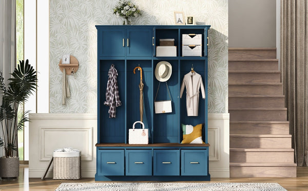 English Elm U-Can Farmhouse Hall Tree with Upper Cabinets Coat Hooks Drawers and Bench Seat Navy Blue SJ000164AAN