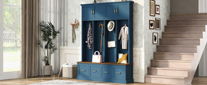 English Elm U-Can Farmhouse Hall Tree with Upper Cabinets Coat Hooks Drawers and Bench Seat Navy Blue SJ000164AAN