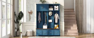 English Elm U-Can Farmhouse Hall Tree with Upper Cabinets Coat Hooks Drawers and Bench Seat Navy Blue SJ000164AAN
