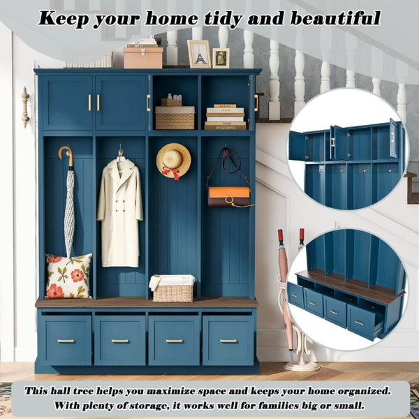 English Elm U-Can Farmhouse Hall Tree with Upper Cabinets Coat Hooks Drawers and Bench Seat Navy Blue SJ000164AAN