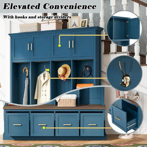 English Elm U-Can Farmhouse Hall Tree with Upper Cabinets Coat Hooks Drawers and Bench Seat Navy Blue SJ000164AAN