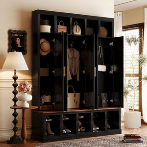 English Elm U-Can Farmhouse Hall Tree with Lockable Closets Shoe Cubbies and Walnut Accent Top Black SJ000165AAB