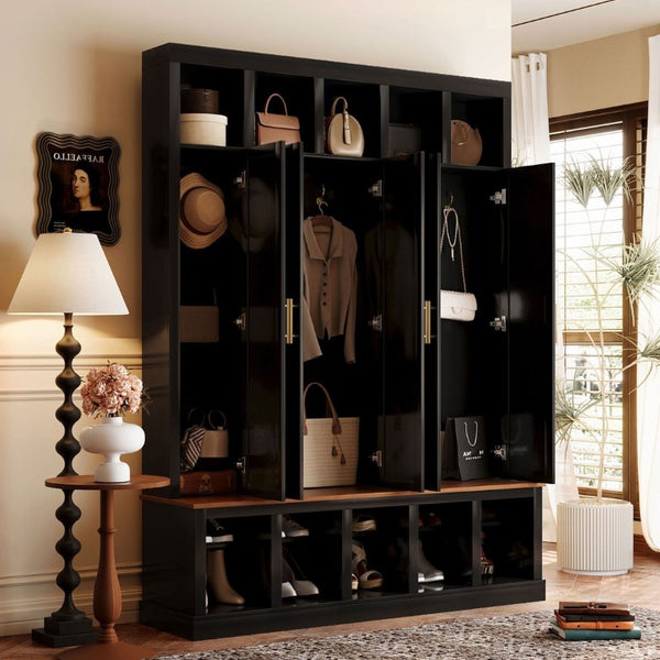 English Elm U-Can Farmhouse Hall Tree with Lockable Closets Shoe Cubbies and Walnut Accent Top Black SJ000165AAB