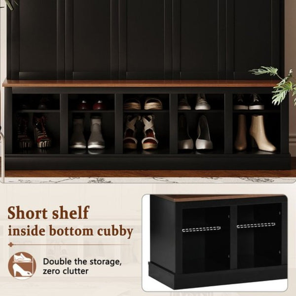 English Elm U-Can Farmhouse Hall Tree with Lockable Closets Shoe Cubbies and Walnut Accent Top Black SJ000165AAB
