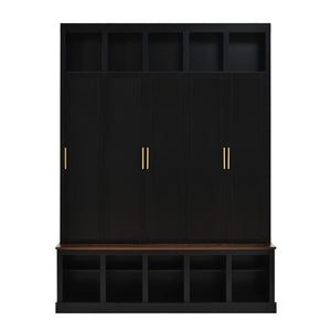 English Elm U-Can Farmhouse Hall Tree with Lockable Closets Shoe Cubbies and Walnut Accent Top Black SJ000165AAB