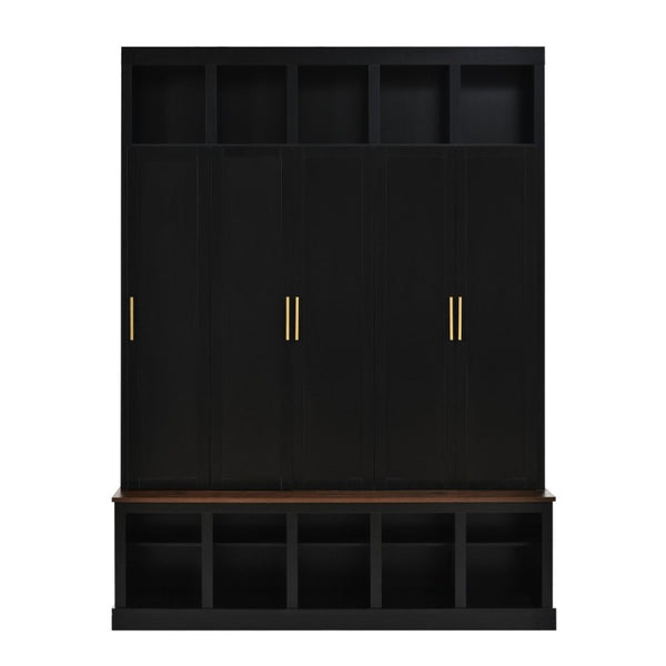 English Elm U-Can Farmhouse Hall Tree with Lockable Closets Shoe Cubbies and Walnut Accent Top Black SJ000165AAB