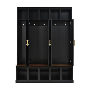 English Elm U-Can Farmhouse Hall Tree with Lockable Closets Shoe Cubbies and Walnut Accent Top Black SJ000165AAB