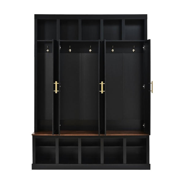 English Elm U-Can Farmhouse Hall Tree with Lockable Closets Shoe Cubbies and Walnut Accent Top Black SJ000165AAB
