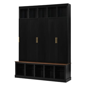 English Elm U-Can Farmhouse Hall Tree with Lockable Closets Shoe Cubbies and Walnut Accent Top Black SJ000165AAB