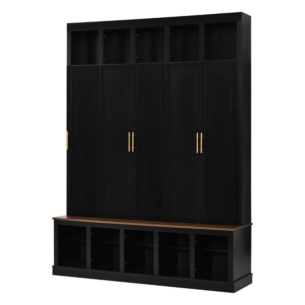 English Elm U-Can Farmhouse Hall Tree with Lockable Closets Shoe Cubbies and Walnut Accent Top Black SJ000165AAB