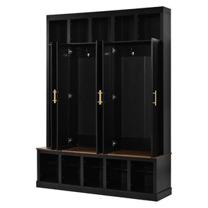 English Elm U-Can Farmhouse Hall Tree with Lockable Closets Shoe Cubbies and Walnut Accent Top Black SJ000165AAB