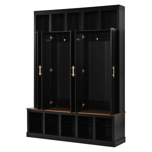 English Elm U-Can Farmhouse Hall Tree with Lockable Closets Shoe Cubbies and Walnut Accent Top Black SJ000165AAB