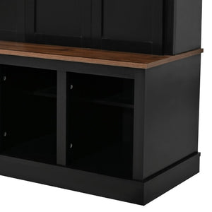 English Elm U-Can Farmhouse Hall Tree with Lockable Closets Shoe Cubbies and Walnut Accent Top Black SJ000165AAB