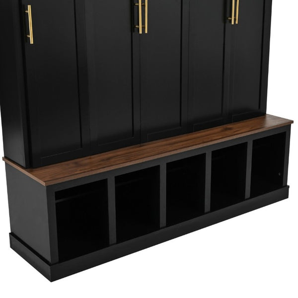 English Elm U-Can Farmhouse Hall Tree with Lockable Closets Shoe Cubbies and Walnut Accent Top Black SJ000165AAB