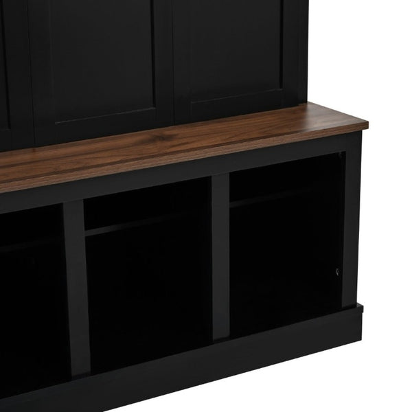 English Elm U-Can Farmhouse Hall Tree with Lockable Closets Shoe Cubbies and Walnut Accent Top Black SJ000165AAB