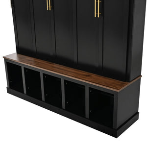 English Elm U-Can Farmhouse Hall Tree with Lockable Closets Shoe Cubbies and Walnut Accent Top Black SJ000165AAB