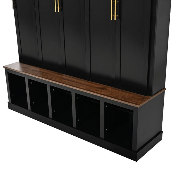 English Elm U-Can Farmhouse Hall Tree with Lockable Closets Shoe Cubbies and Walnut Accent Top Black SJ000165AAB