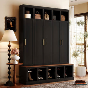English Elm U-Can Farmhouse Hall Tree with Lockable Closets Shoe Cubbies and Walnut Accent Top Black SJ000165AAB