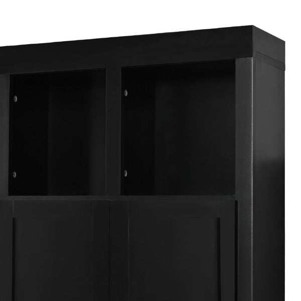 English Elm U-Can Farmhouse Hall Tree with Lockable Closets Shoe Cubbies and Walnut Accent Top Black SJ000165AAB