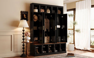 English Elm U-Can Farmhouse Hall Tree with Lockable Closets Shoe Cubbies and Walnut Accent Top Black SJ000165AAB