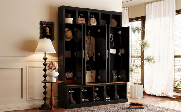 English Elm U-Can Farmhouse Hall Tree with Lockable Closets Shoe Cubbies and Walnut Accent Top Black SJ000165AAB
