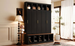 English Elm U-Can Farmhouse Hall Tree with Lockable Closets Shoe Cubbies and Walnut Accent Top Black SJ000165AAB