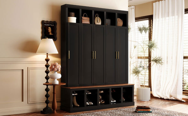 English Elm U-Can Farmhouse Hall Tree with Lockable Closets Shoe Cubbies and Walnut Accent Top Black SJ000165AAB