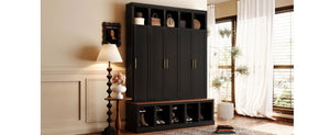 English Elm U-Can Farmhouse Hall Tree with Lockable Closets Shoe Cubbies and Walnut Accent Top Black SJ000165AAB