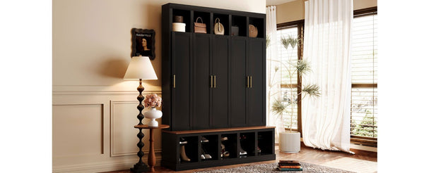 English Elm U-Can Farmhouse Hall Tree with Lockable Closets Shoe Cubbies and Walnut Accent Top Black SJ000165AAB